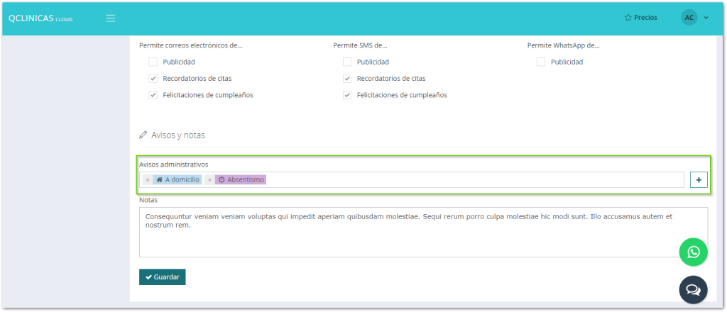 Aplicacion gestion de clinicas con posibilidad de gestion de avisos administrativos de pacientes (flags)