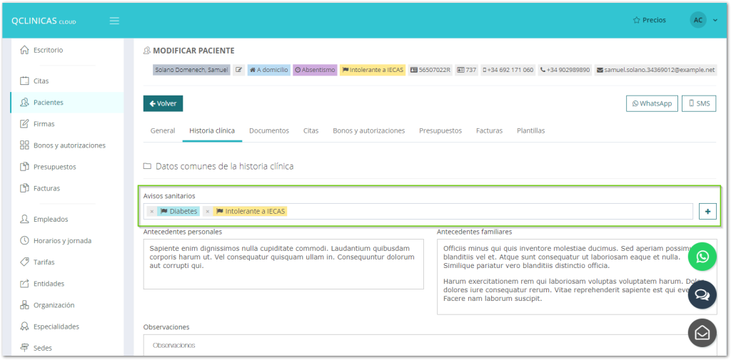 Programa de gestion de clinicas con posibilidad de gestion de avisos sanitarios de pacientes (banderas rojas)